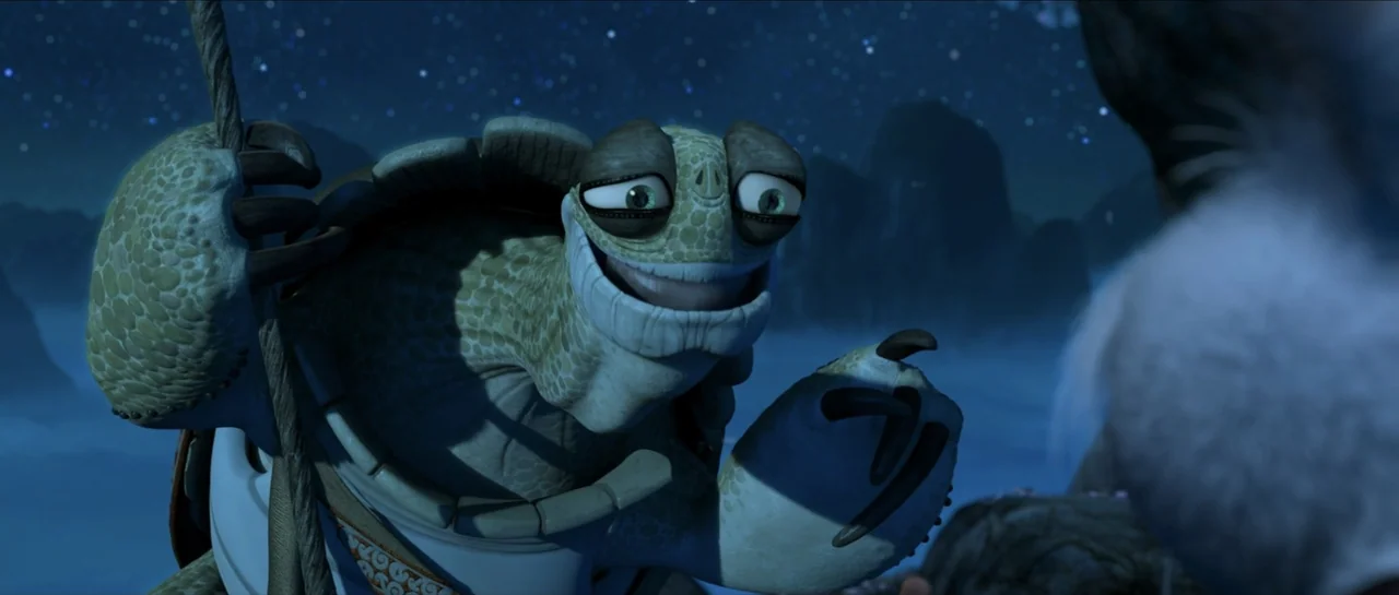 Kung Fu Panda (2008) movie still: medium — A high mountain ledge under a night sky filled with a dense star field. An elderly tortoise stands on the…