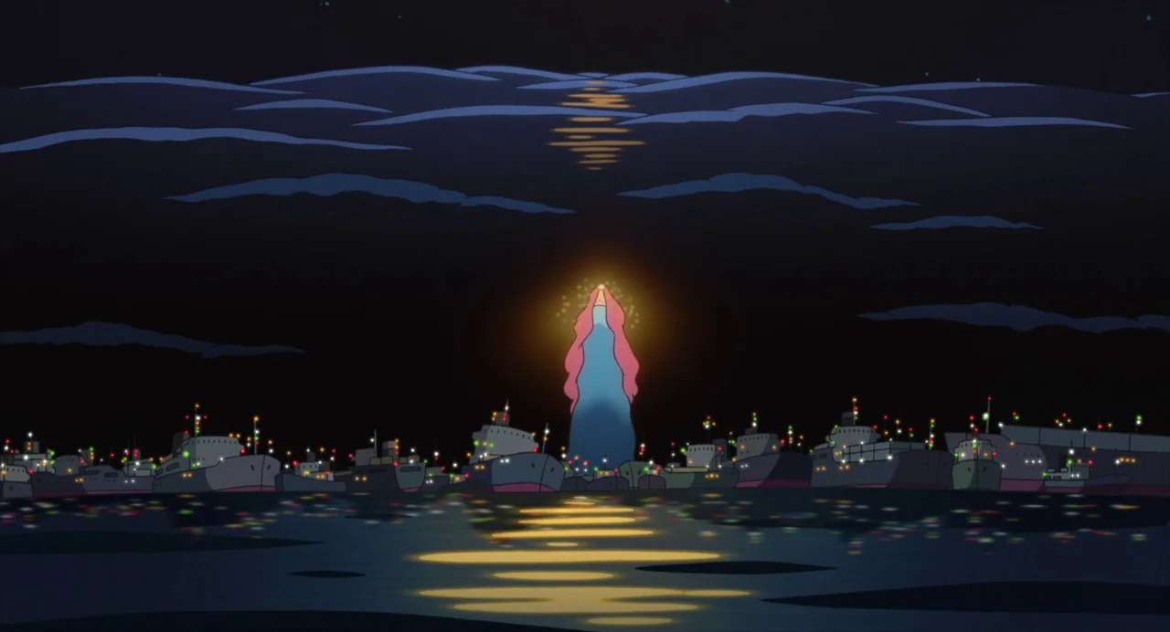 Ponyo (2008) movie still: establishing — A dark harbor at night features many cargo ships docked along the water. A tall, glowing figure stands in…