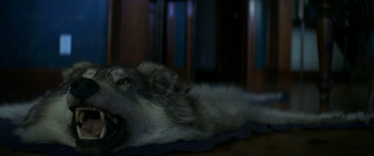 The Silencing (2020) movie still: closeup — A dark, dimly lit room features a taxidermied wolf pelt on wooden floors. The pelt lies flat with its…
