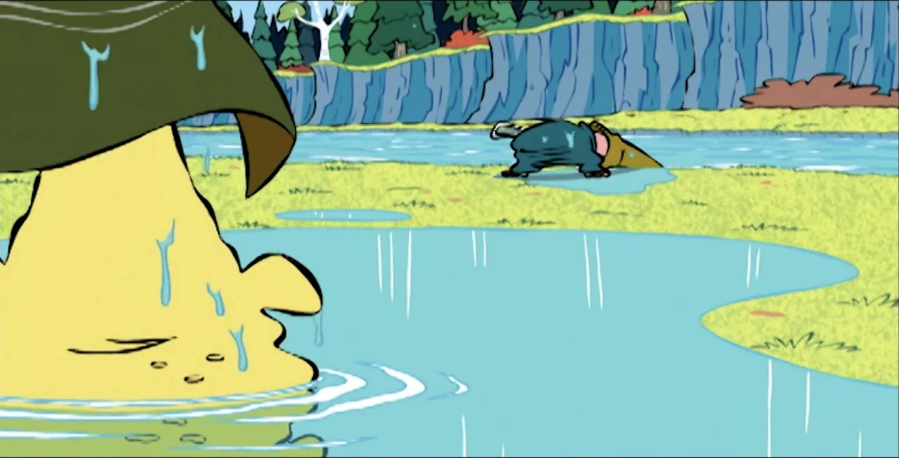 Ed, Edd n Eddy's Big Picture Show (2009) movie still: wide — A grassy field with a shallow pond is set against a backdrop of trees. A small animated…
