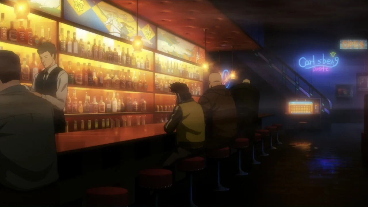 Ghost in the Shell: The New Movie (2015) movie still: medium — A dimly lit tavern features a long wooden counter and shelves packed with liquor.…