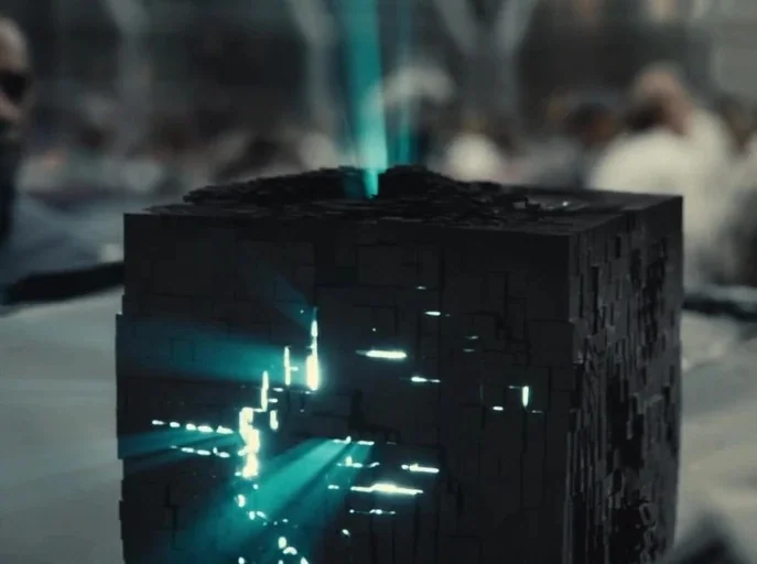 Zack Snyder's Justice League (2021) movie still: closeup — A complex black metallic cube with intricate geometric grooves sits on a flat surface.…