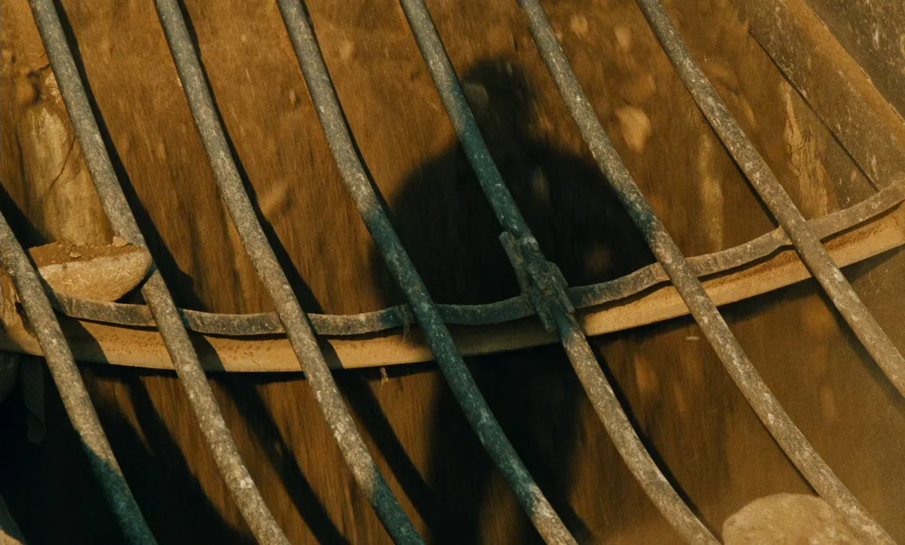 Taste of Cherry (1997) movie still: medium — A dark human figure is framed by the heavy iron bars of a drainage pipe. The interior of the pipe…