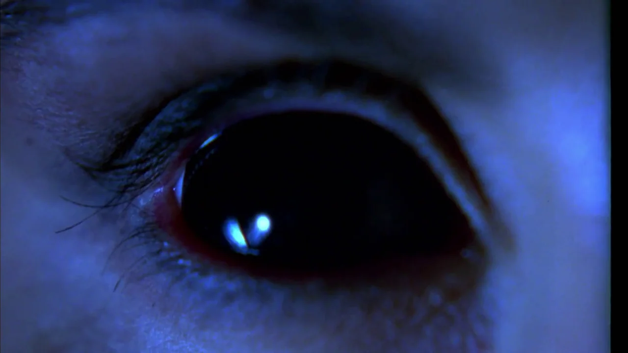 Hellraiser: Bloodline (1996) movie still: closeup — An extreme close-up view shows a single human eye against a dark background. The iris is…
