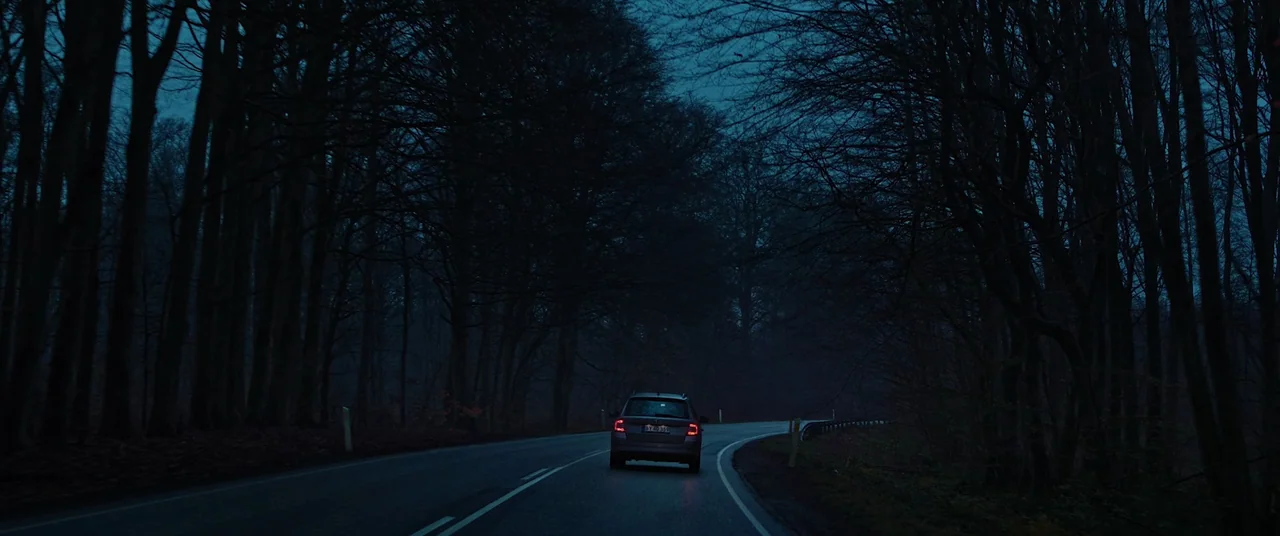 Speak No Evil (2022) movie still: wide — A wet asphalt road winds through a dense, dark forest during twilight. A lone car with illuminated red…