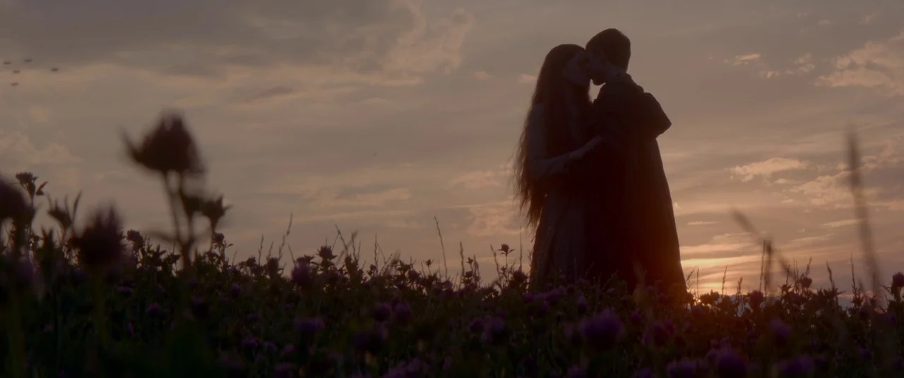 Ophelia (2018) movie still: wide — A field filled with clover and wildflowers under a dim, orange-hued sunset sky. A couple in period-style clothing…