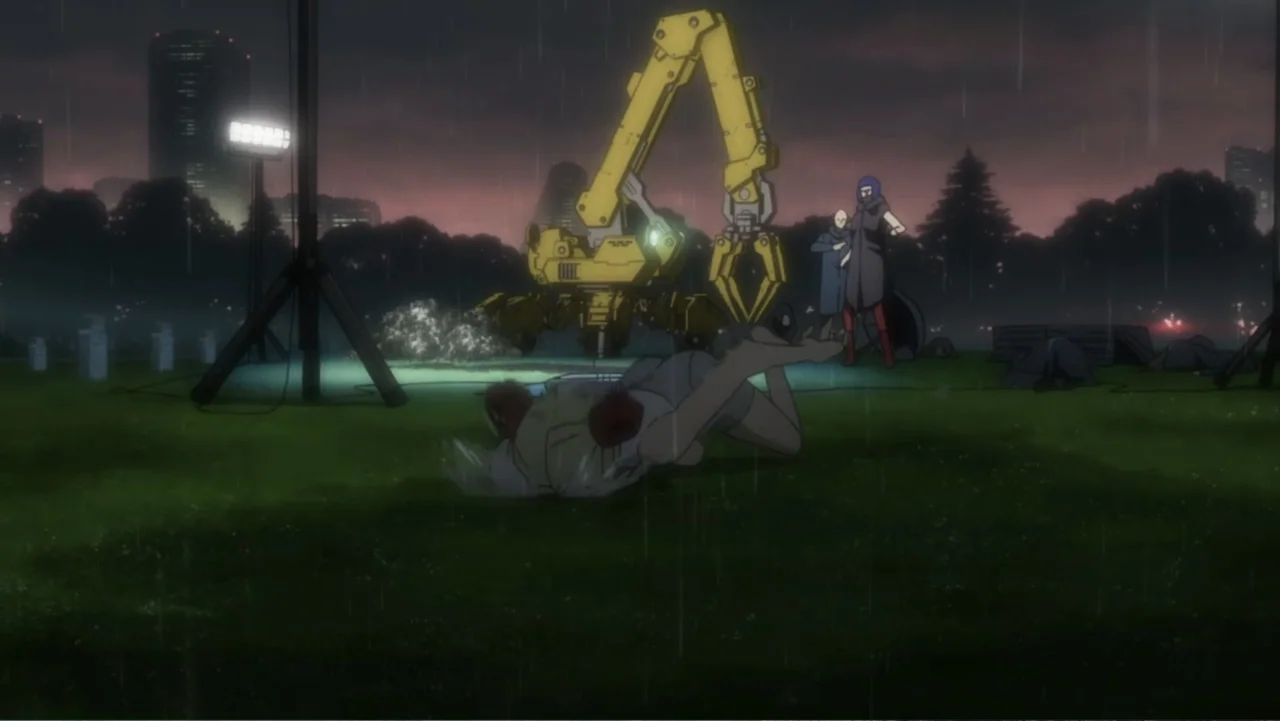 Ghost in the Shell: Arise - Border 1: Ghost Pain (2013) movie still: wide — A rain-swept urban park contains a large, yellow mechanical claw…