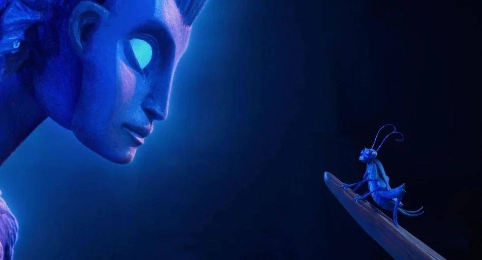 Guillermo del Toro’s Pinocchio (2022) movie still: medium — A giant humanoid entity faces a small cricket within a dark blue, indistinct…