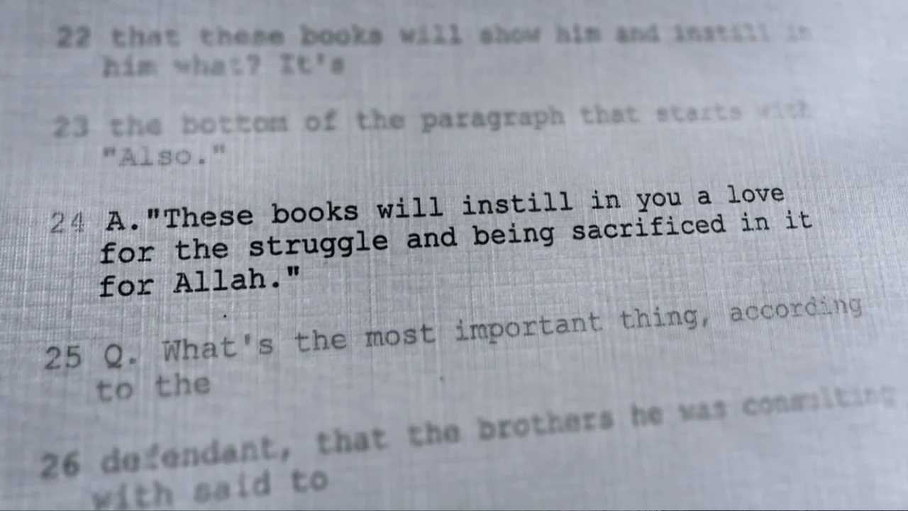 Homegrown: The Counter-Terror Dilemma (2016) movie still: closeup — A close-up view of a printed legal document with numbered paragraphs and black…