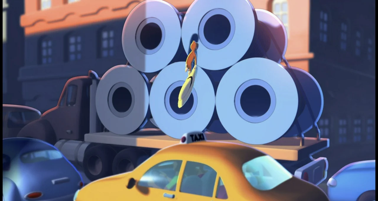 Curious George (2006) movie still: wide — A flatbed truck carrying large metal spools sits on a bustling city street. A small orange creature clings…