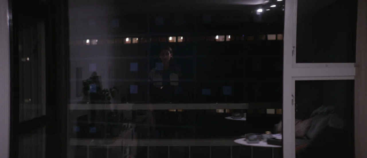 Thelma (2017) movie still: wide — A nighttime view of a dimly lit room seen through a large glass window. A woman stands centered in the glass…
