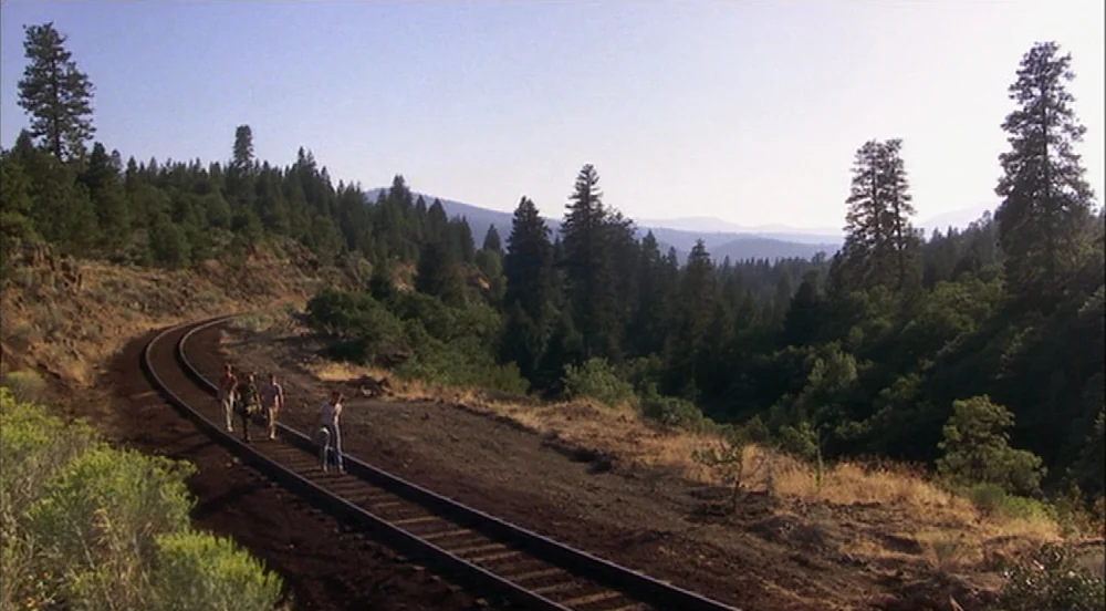 Stand By Me (1986) movie still: wide — A rural landscape features train tracks winding through a densely forested valley area. Four adolescent boys…