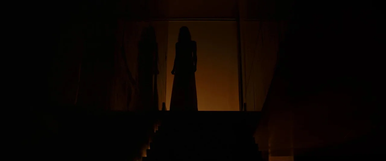 Elizabeth Harvest movie still: fullbody — A dark, modern interior features a silhouette of a woman atop a staircase. She stands perfectly still…