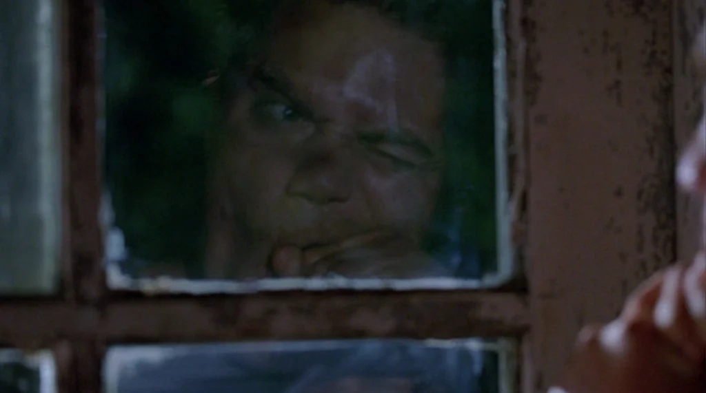 Bug movie still: closeup — A dark, weathered window frame holds a pane of glass reflecting a man outside. The man's face is pressed directly against…