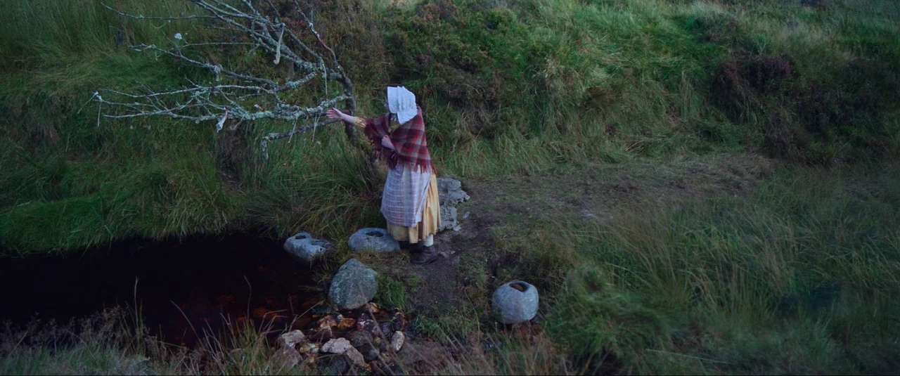 The Wonder (2022) movie still: wide — A remote and grassy moorland terrain features a small dark pool and mossy stones. A woman in period clothing…