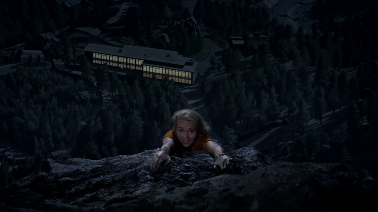 North By Northwest (1959) movie still: wide — A woman clings to a dark, craggy cliff face overlooking a forested valley. In the background, a modern…