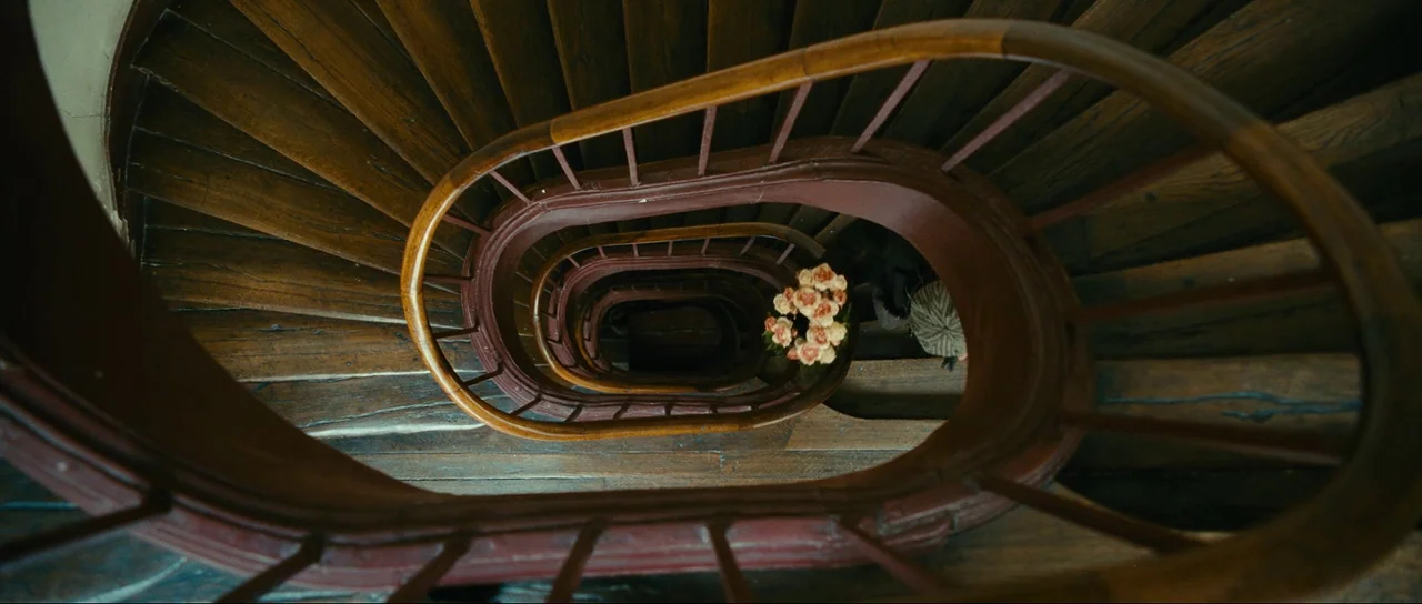 The Extraordinary Adventures of Adèle Blanc-Sec (2010) movie still: wide — A vertical view down a multi-story wooden spiral staircase with dark…