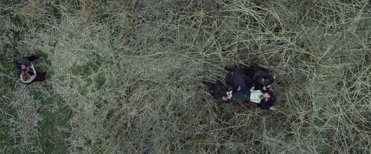 Apostle (2018) movie still: wide — A dense field of dry, light-colored stalks covers the ground under an overcast sky. Several individuals in dark…
