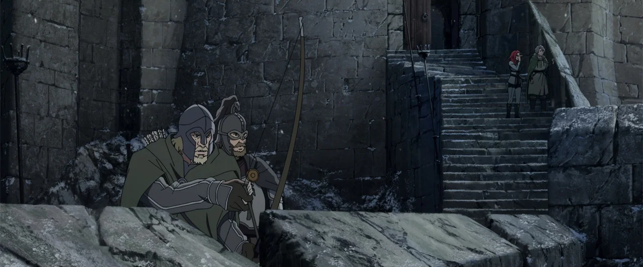 The Lord of the Rings: The War of the Rohirrim (2024) movie still: medium — Massive stone fortification wall with a stone staircase and dusting of…