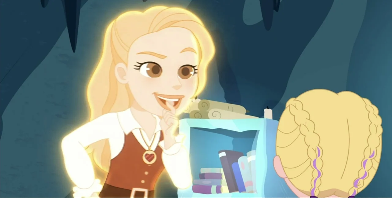 Polly Pocket Sparkle Cove Adventure (2023) movie still: medium — A dark cavern interior features a stone shelf filled with books and scrolls. A…
