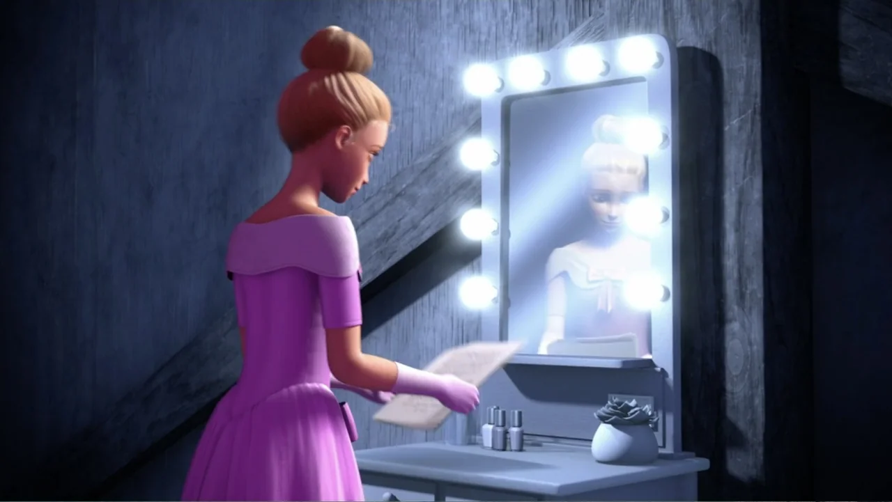 Barbie: Big City, Big Dreams (2021) movie still: medium — A dimly lit room features a vanity station with a mirror framed by bulbs. A young woman in…