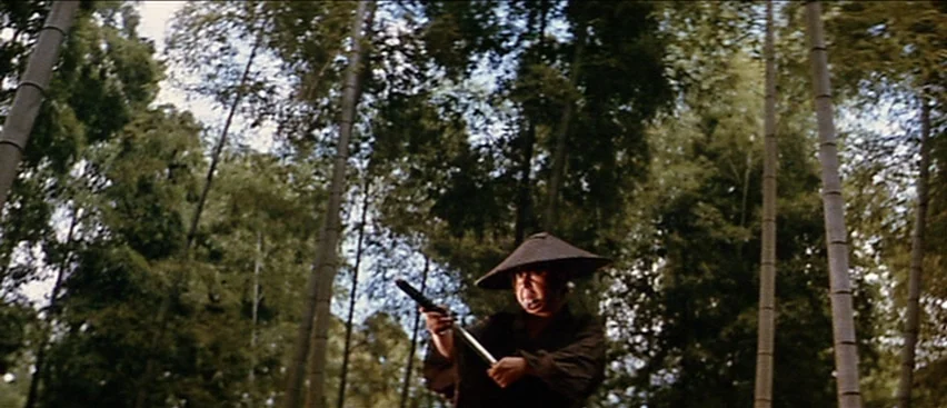 Lone Wolf and Cub: Baby Cart to Hades (1972) movie still: medium — A dense bamboo grove with tall stalks reaching toward the bright sky. A man wears…