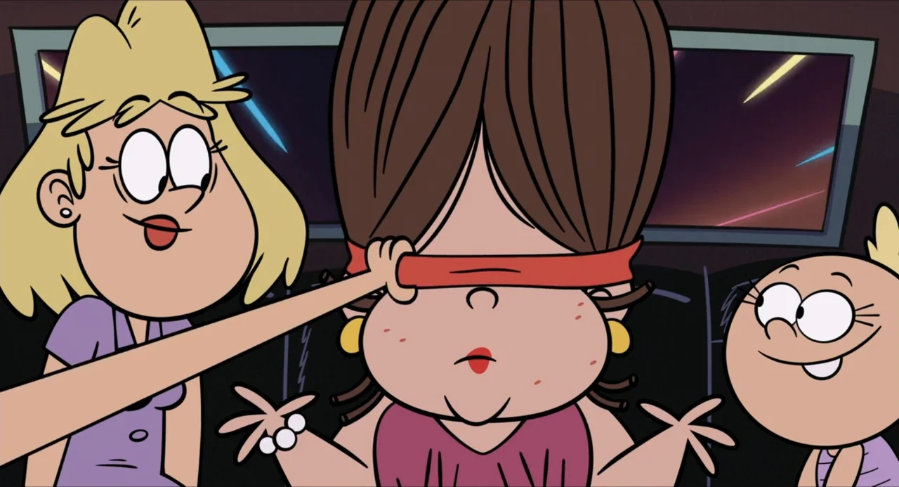 No Time to Spy: A Loud House Movie (2024) movie still: medium — Three animated characters sit inside a vehicle at night with neon lights visible…