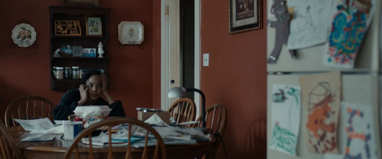 Little Woods (2018) movie still: medium — A terracotta-walled dining room features a wooden table piled with scattered papers and mail. A woman sits…