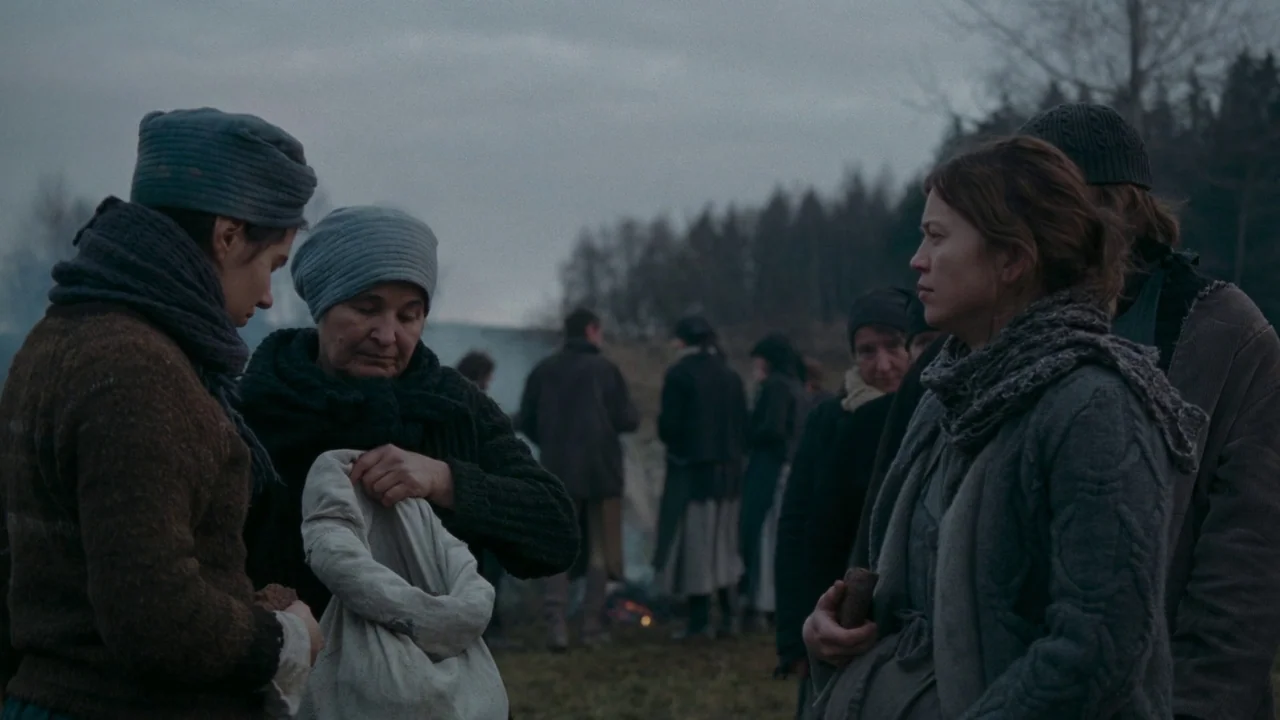 The Devil’s Bath (2024) movie still: medium — A group of people dressed in rustic winter clothing gather in a barren field. Two women in the…