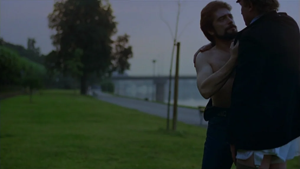 In A Year Of Thirteen Moons (1978) movie still: medium — A park near a river at twilight features green grass and a distant bridge. Two men interact…