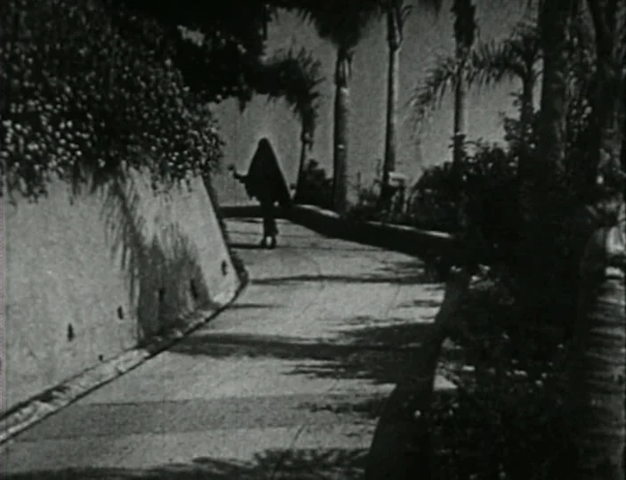 Meshes of the Afternoon (1943) movie still: wide — A curved paved walkway is flanked by a high retaining wall and palm trees. A lone woman in a long…