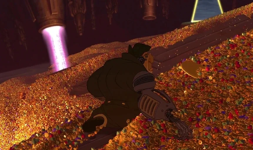 Treasure Planet (2002) movie still: medium — A dark subterranean chamber is filled with vast mounds of gold coins and jewels. A man with a robotic…