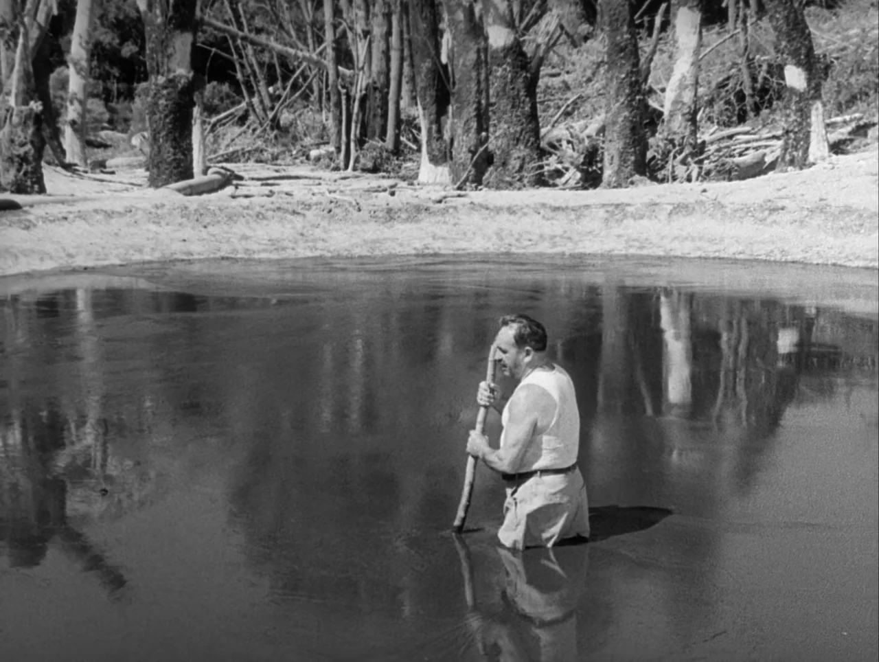 The Wages of Fear (1953) movie still: wide — A man stands chest-deep in a murky, stagnant mud pool surrounded by burnt, bare trees. The man leans on…