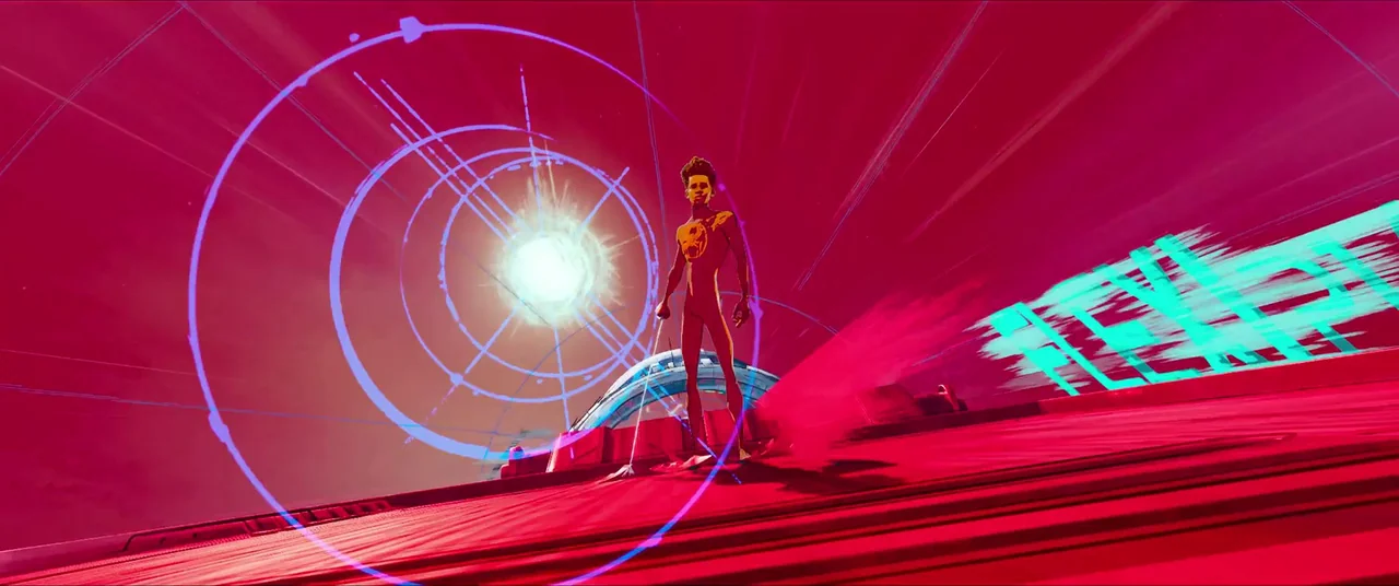 Spider-Man: Across the Spider-Verse (2023) movie still: fullbody — A stylized, high-contrast rooftop scene bathed in saturated red light and motion…