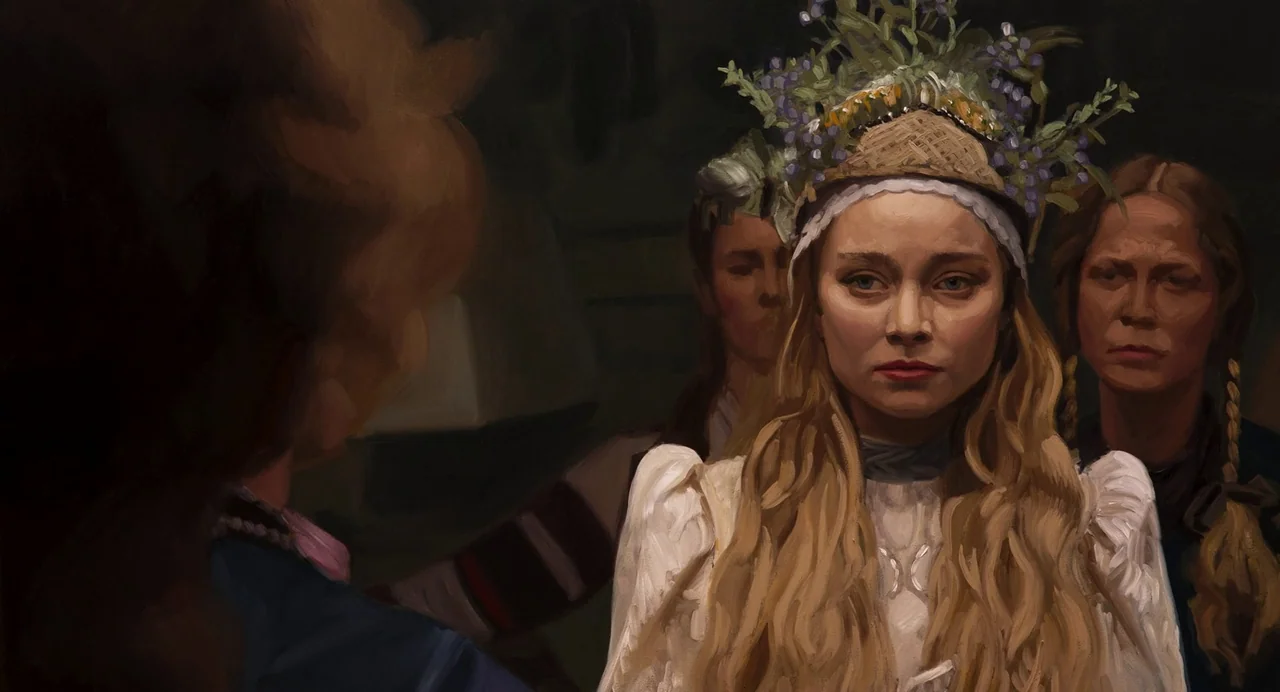 The Peasants (2023) movie still: medium — A dimly lit room with several figures standing in the shadows. A central woman wears a detailed straw and…