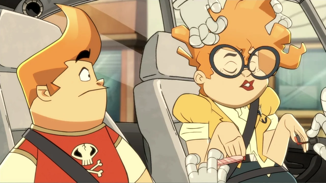 Team Hot Wheels: The Skills to Thrill (2015) movie still: medium — Two children sit inside a car while robotic arms perform grooming tasks on the…
