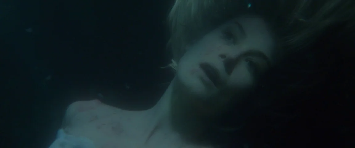 Gone Girl (2014) movie still: closeup — A woman drifts submerged in deep, murky water during the night. Her long hair floats around her head as her…