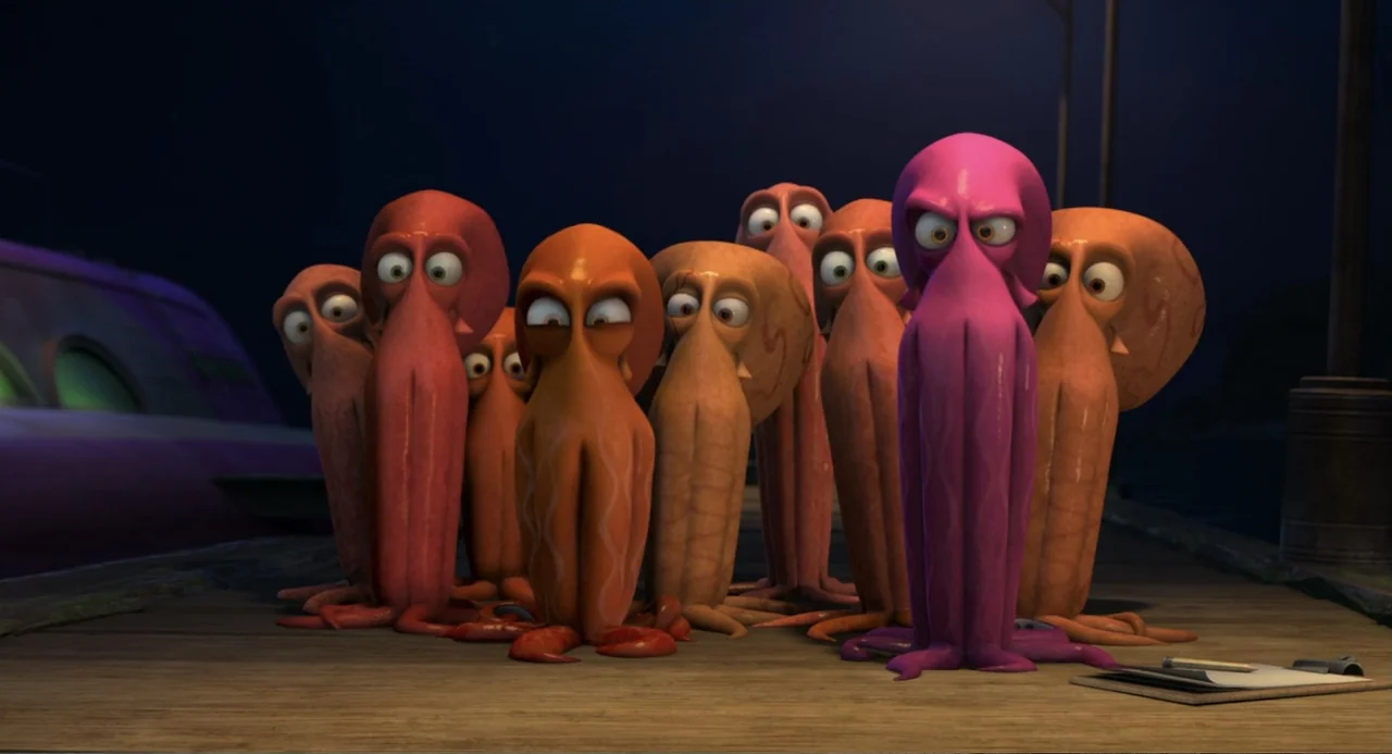 Penguins of Madagascar (2014) movie still: medium — A group of colorful animated octopuses stand on a dark wooden pier at night. One bright pink…