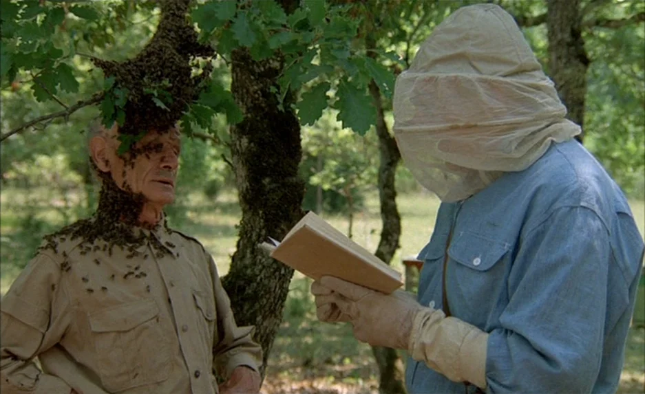 Milou en Mai (1990) movie still: medium — Two men stand within a grove of oak trees during the daylight hours. One man wears a protective veil while…