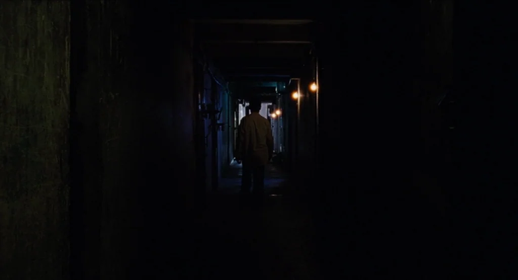 Almayer’s Folly (2011) movie still: wide — A long, narrow passage is cast in heavy shadow with rough, textured walls. A lone figure walks away from…