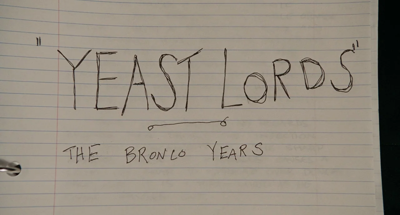 Gentlemen Broncos (2009) movie still: closeup — A sheet of white lined notebook paper shows black ink text written by hand. The words read Yeast…