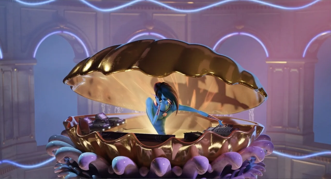 Hotel Transylvania 3: Summer Vacation (2018) movie still: medium — A blue-skinned character performs music inside a large, open golden shell…