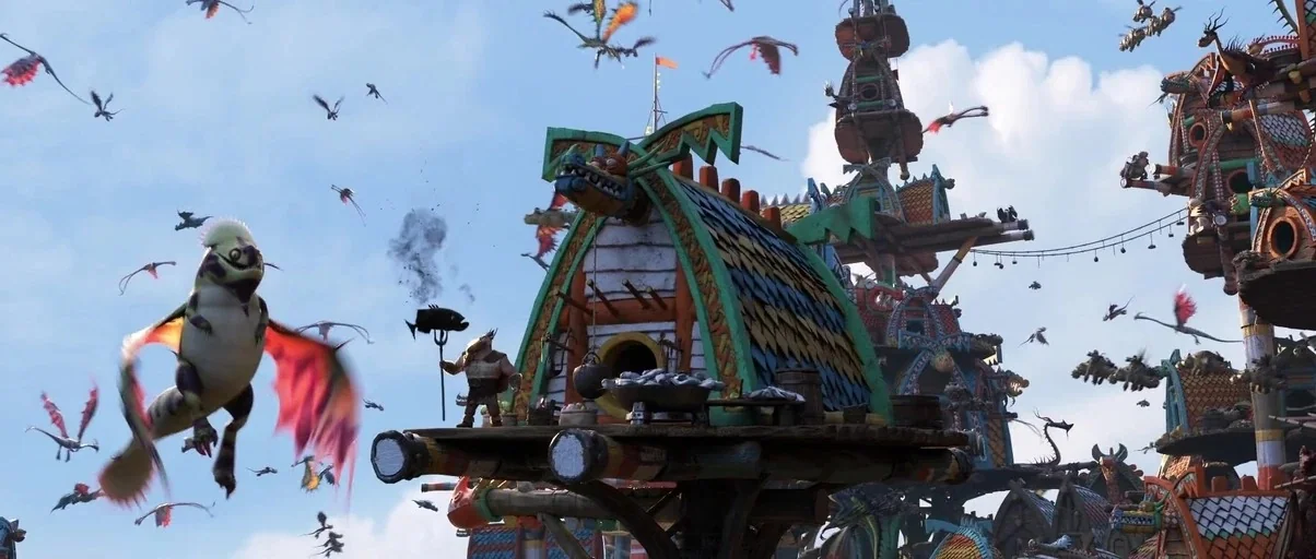 How to Train Your Dragon: The Hidden World (2019) movie still: wide — A complex viking village structure sits suspended in the sky amidst many…