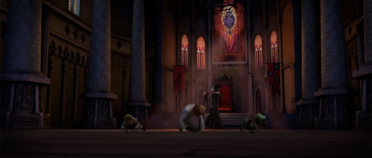 Cinderella and the Secret Prince (2018) movie still: wide — A stone hall with towering columns contains a throne on a raised dais. Three figures on…