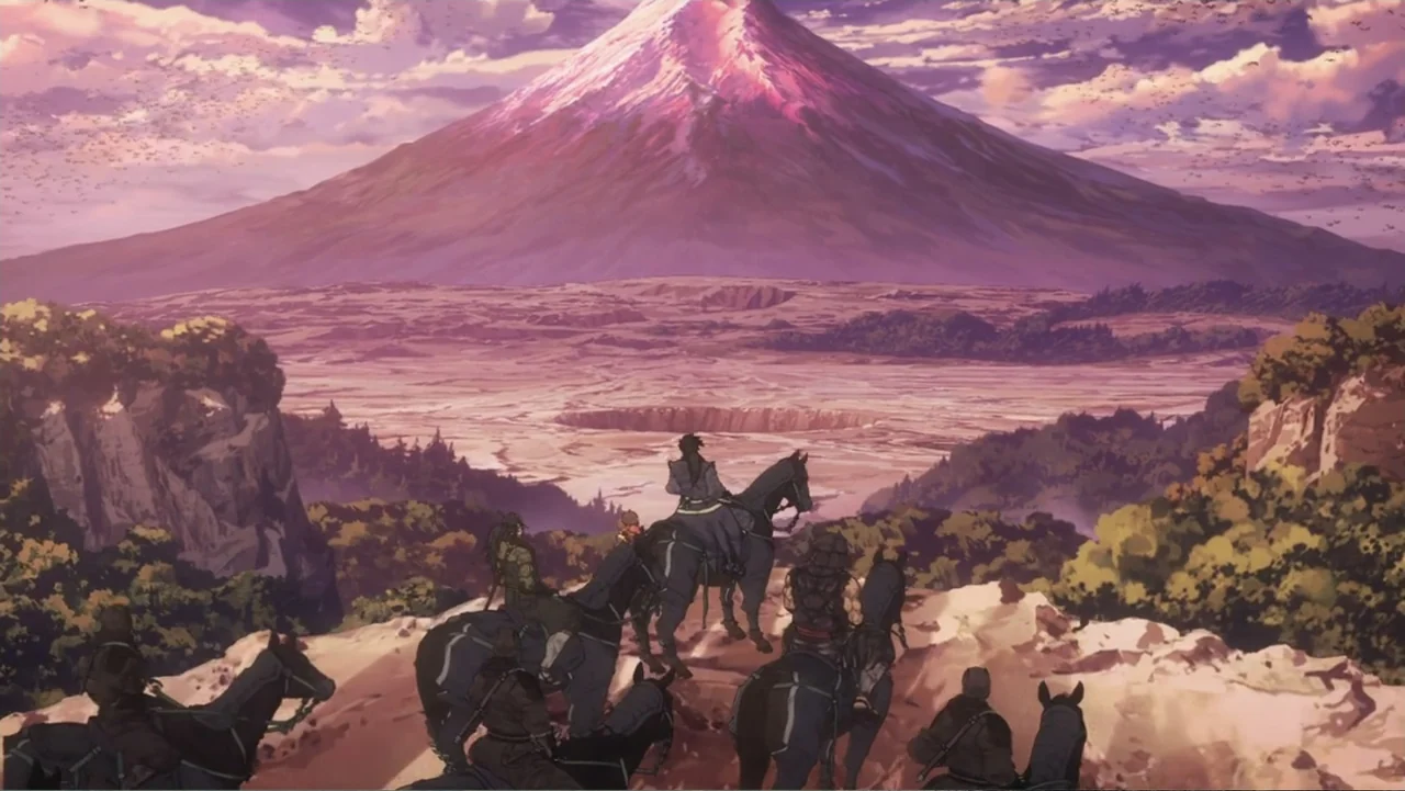 Batman Ninja vs. Yakuza League (2025) movie still: wide — A group of horseback riders stops on a rocky cliff overlooking a vast plains. A massive…