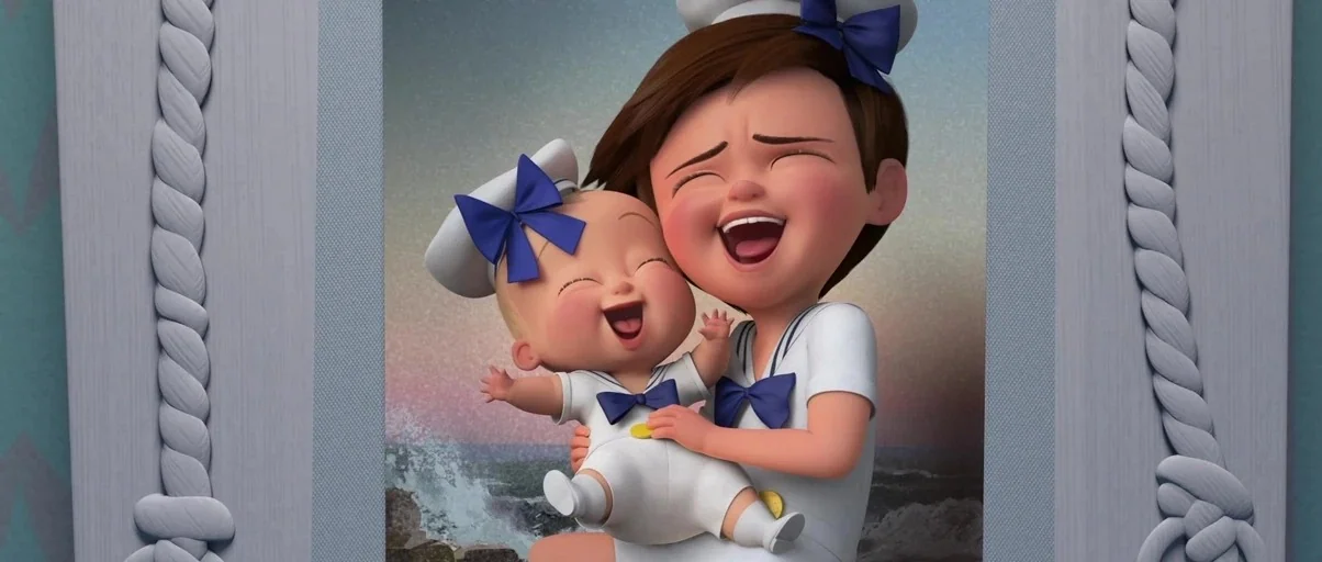 The Boss Baby (2017) movie still: medium — A framed portrait shows an older child holding a baby against a maritime background. Both individuals are…