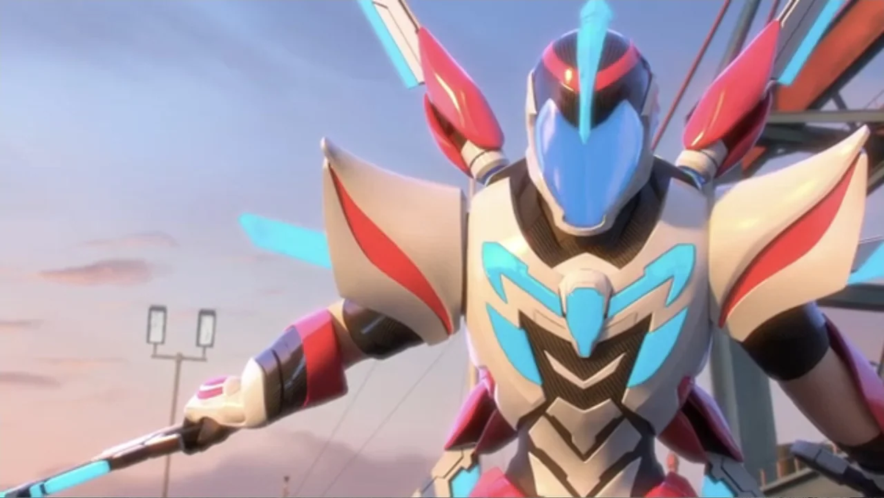 Max Steel: Team Turbo (2016) movie still: medium — An armored futuristic figure stands on a bridge structure during the late afternoon. The…