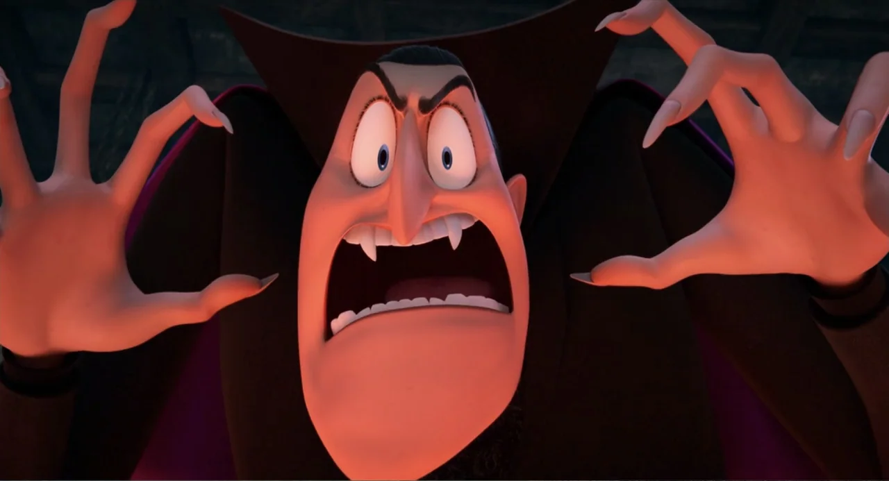 Hotel Transylvania: Transformania (2022) movie still: closeup — The interior of a castle features dark, muted surroundings with high-contrast…