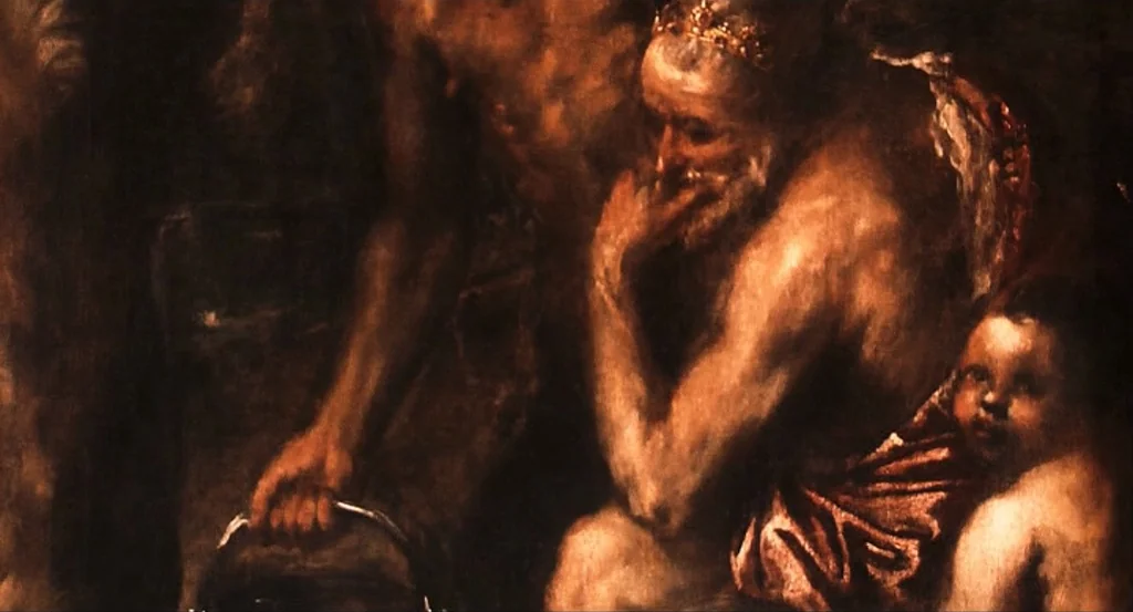 This Night (2008) movie still: medium — An oil painting depicts an elderly king seated beside a young, nude child figure. The dark, textured…
