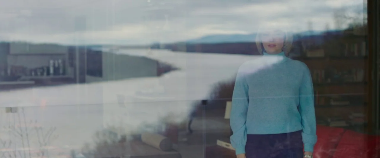Swallow (2020) movie still: medium — A woman stands behind a large glass window in a modern home. A wide river and overcast landscape are visible in…